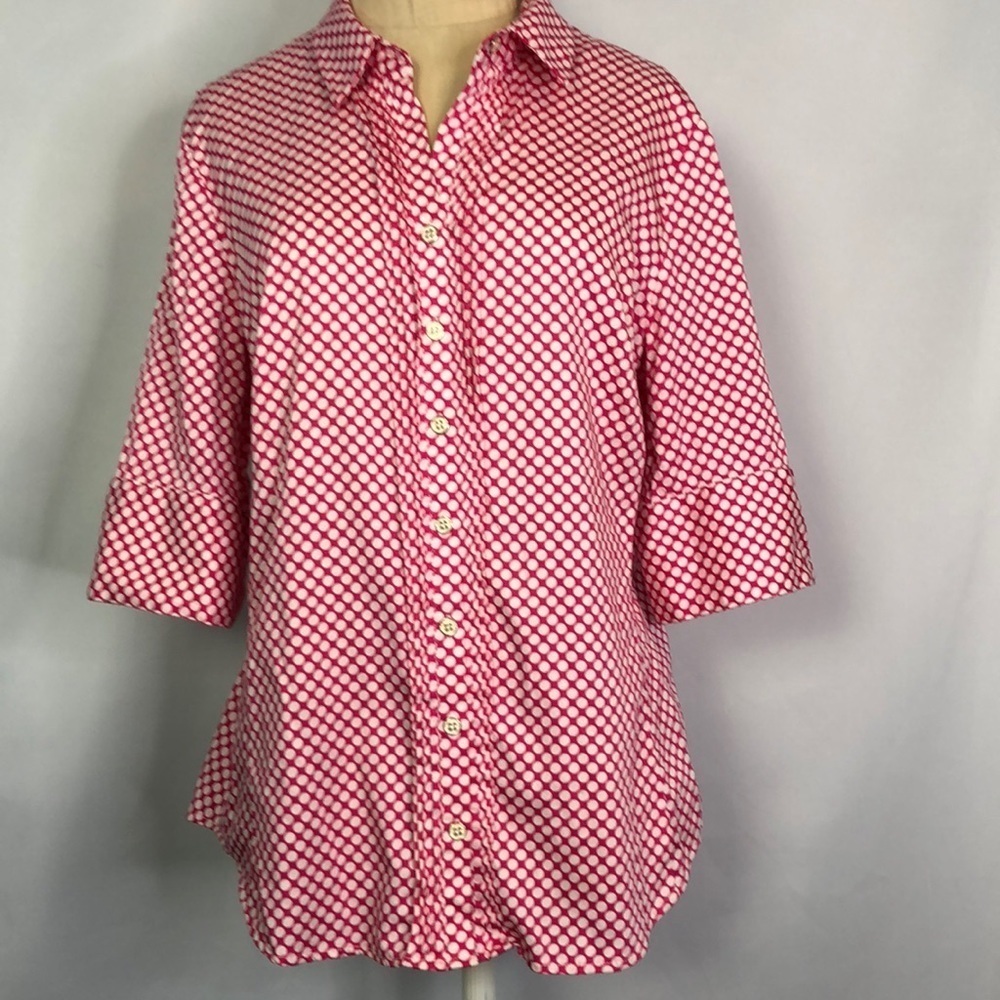 New York & Company Stretch Button Up 3/4 Sleeve Polka Dot Blouse Size L